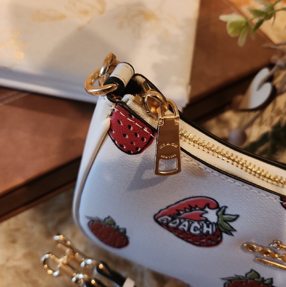 COACH White Leather Mini Bag with Strawberry Print and Gold Hardware - Picture 8 of 9